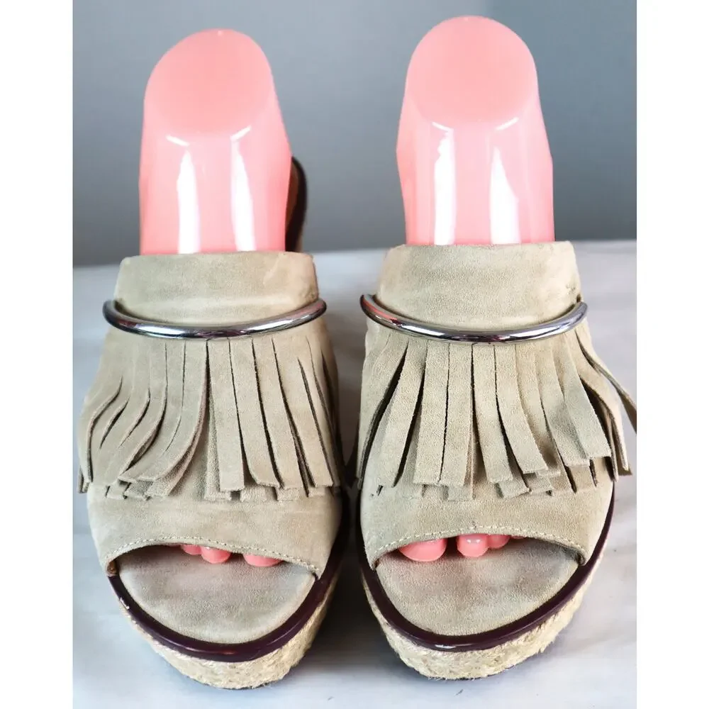 Franco Sarto Tan Suede Fringe Silver Wedge Espadrille Platform Candace Sandal 9M